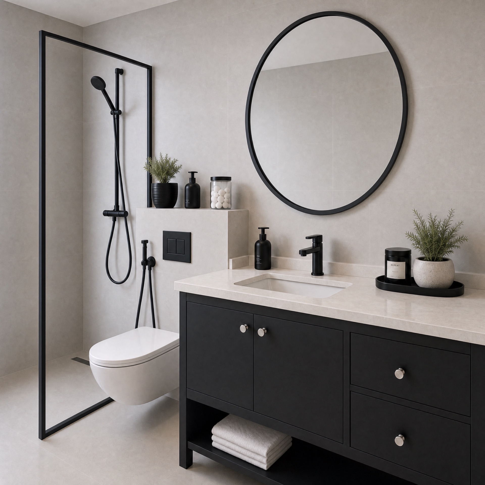A sleek, modern bathroom featuring a monochrome palette with matte black fixtures, a floating toilet, and a black vanity cabinet topped with