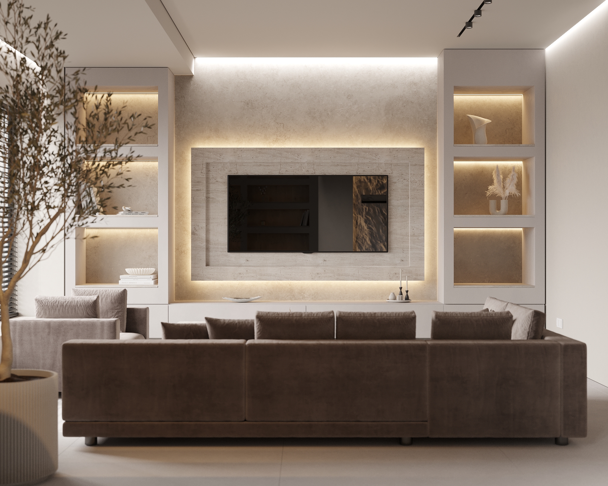 Sophisticated modern living room with integrated media wall and sectional sofa
