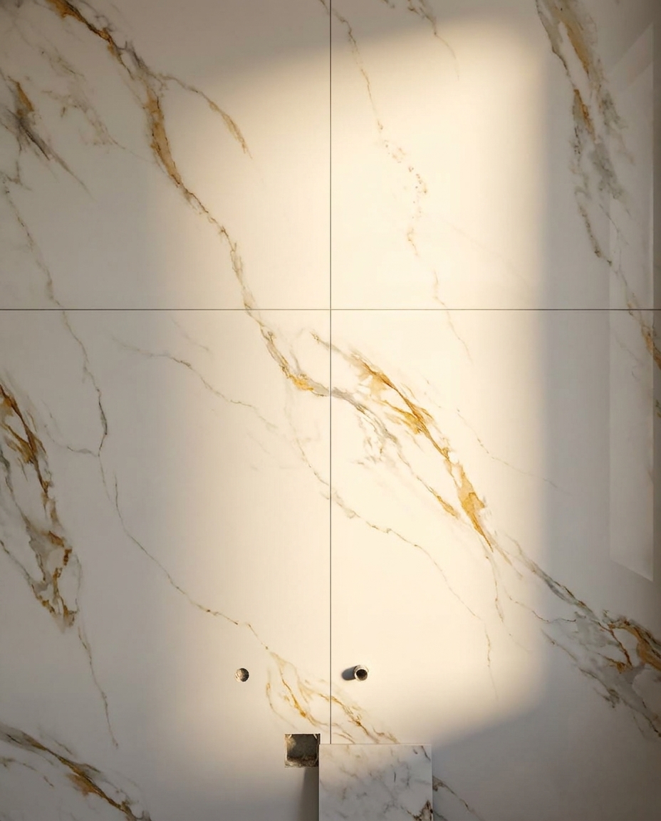 Large-format marble tiles being installed — Holy Home renovation progress
