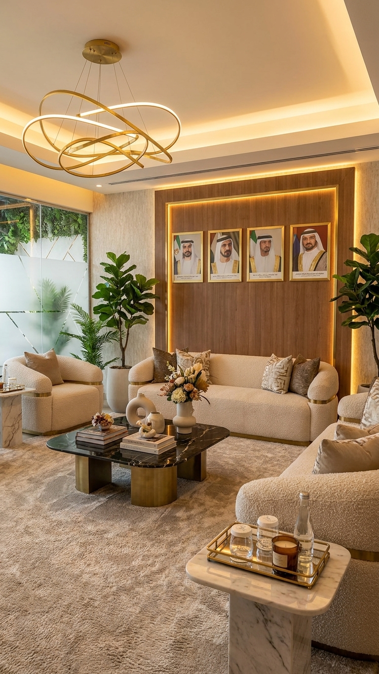 Luxurious living room with bespoke cream seating and gold chandelier