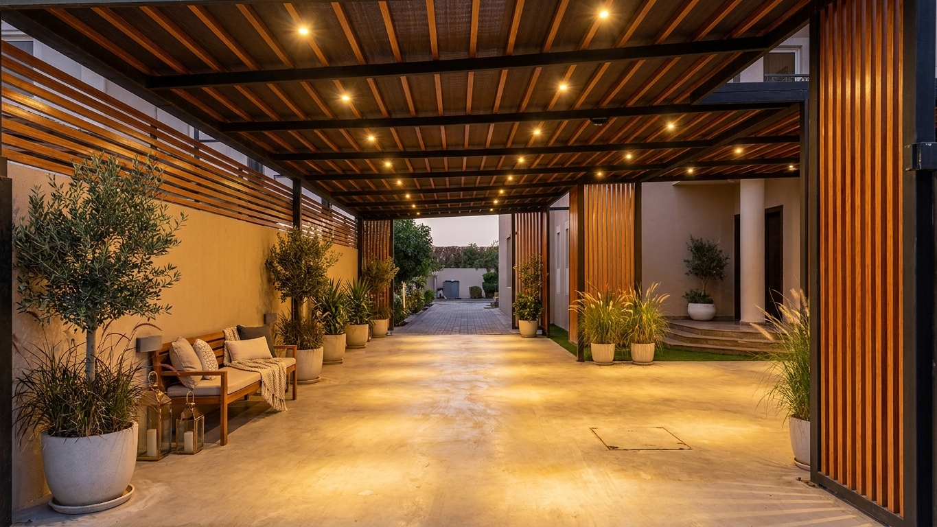 An elegant and modern outdoor covered walkway featuring a wooden pergola with recessed LED lighting, potted plants, and a cozy wooden bench, leading to a house