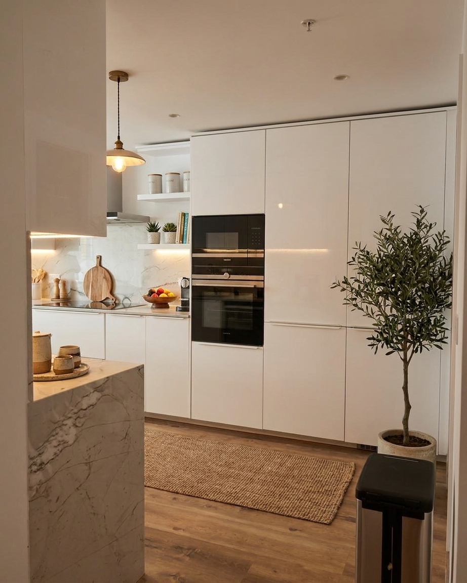 Modern kitchen with marble waterfall island and white handleless cabinetry