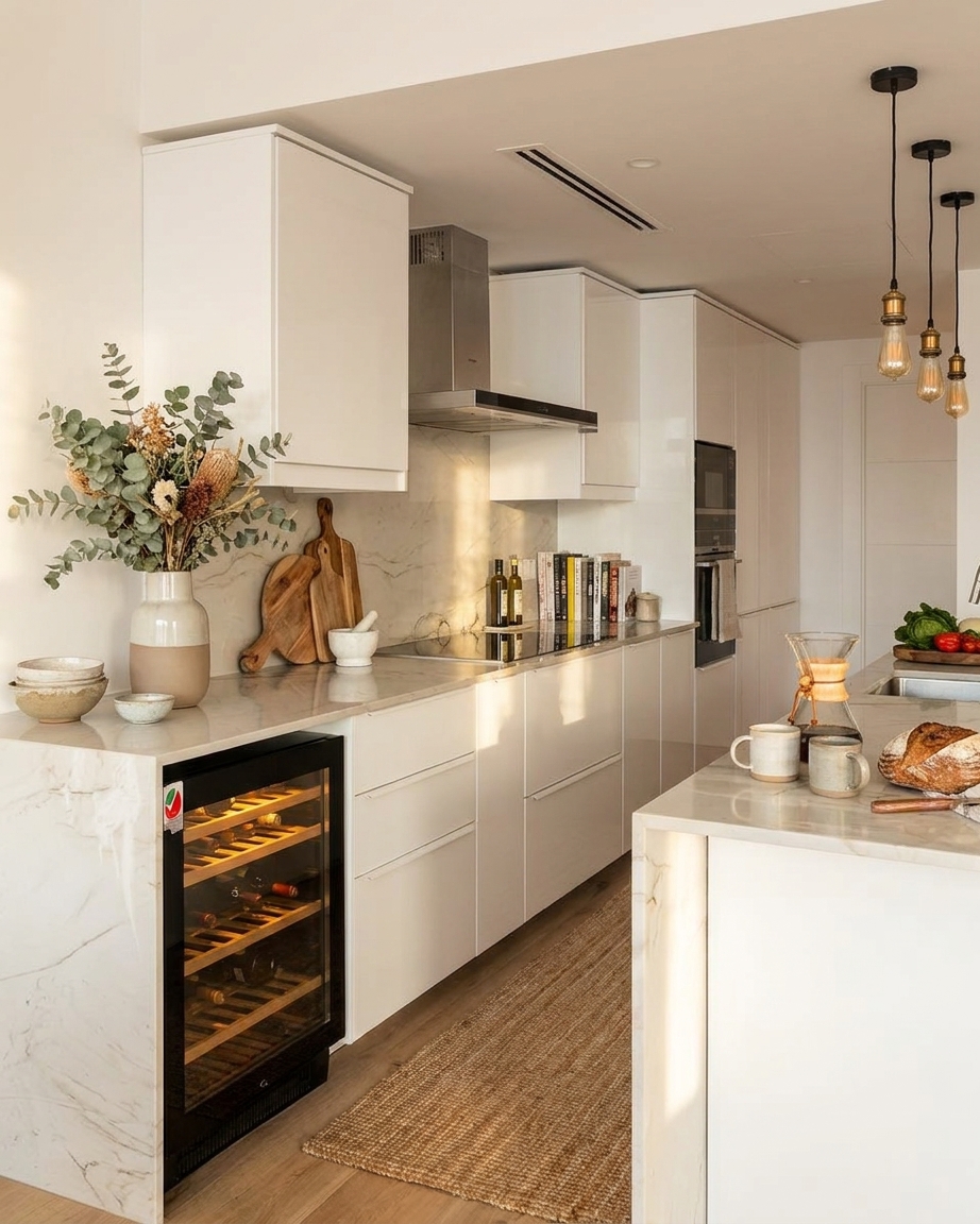 A bright and modern white kitchen featuring marble countertops, integrated appliances, a built-in wine cooler, and a stylish kitchen island with pendant lightin