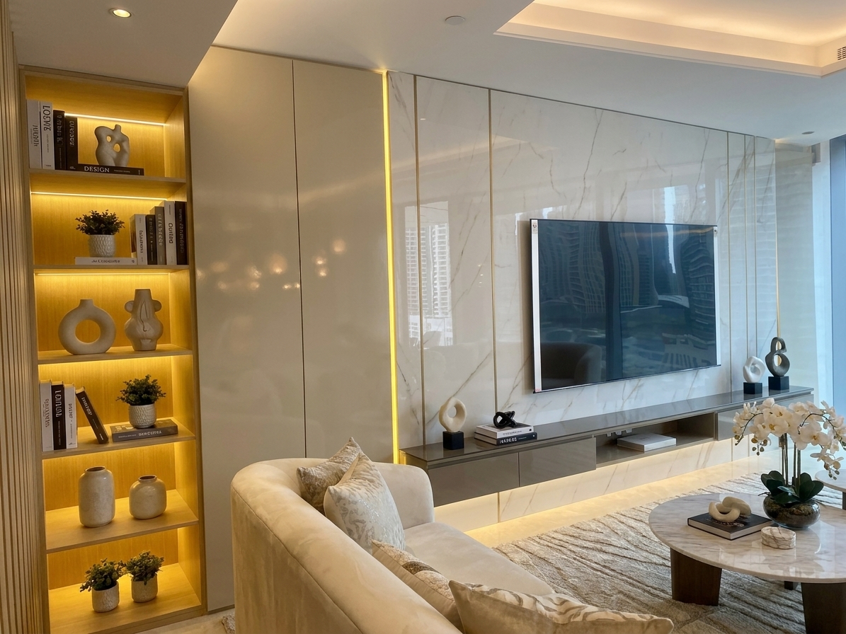 A modern luxury living room featuring a white marble accent wall with an integrated TV, a floating console, and an illuminated built-in bookshelf, all designed