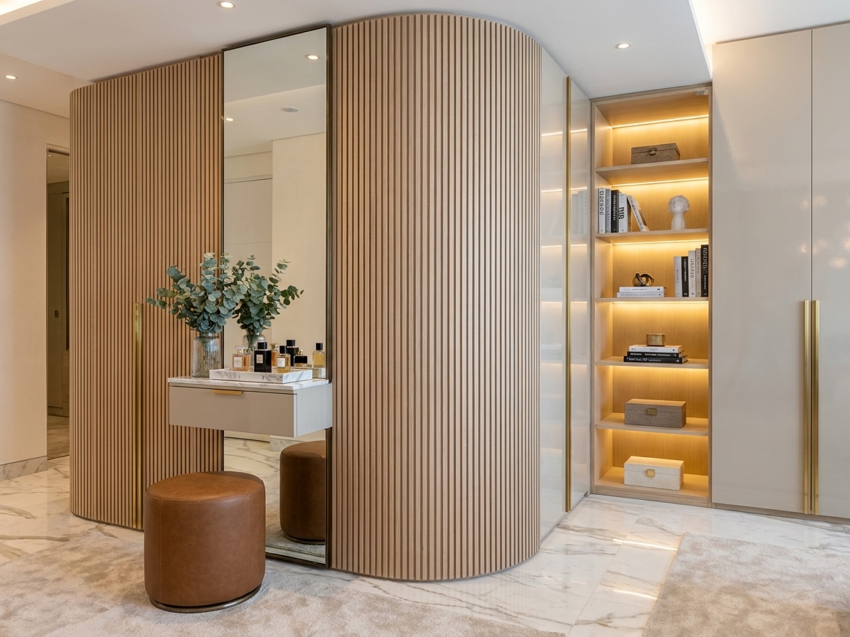 A modern luxury dressing room featuring a curved wooden slat wall, a vanity area with a full-length mirror, integrated LED-lit shelving, and white marble floori