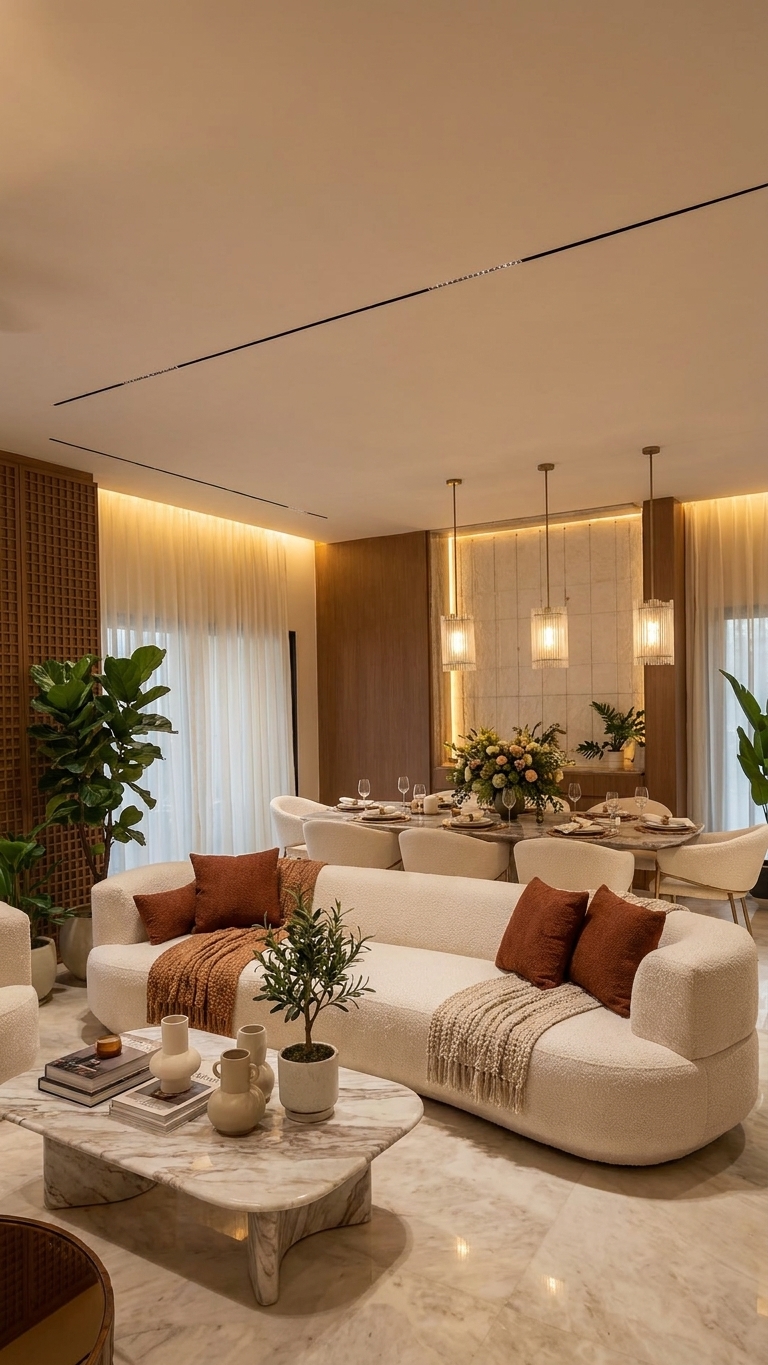 Freshly painted open-plan living and dining room with clean wall finishing