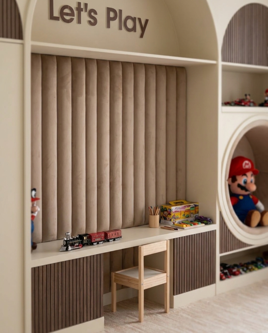 This inviting children's playroom features bespoke light wood joinery with an integrated desk, a plush upholstered — Dubai