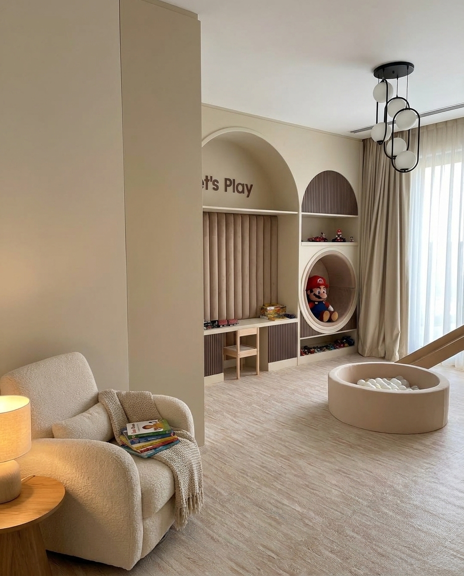This inviting and modern children's play area showcases a serene neutral palette with custom-built arched joinery, a — Dubai