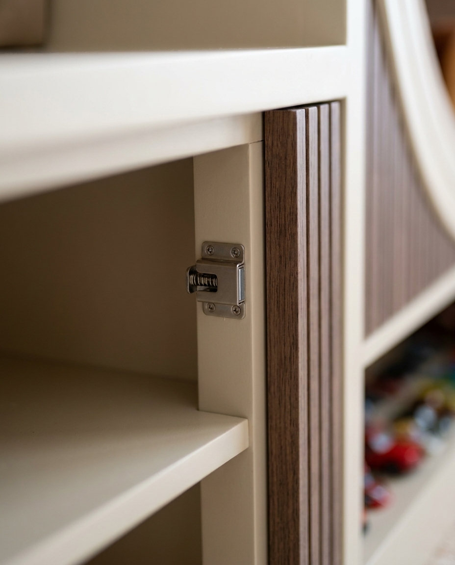 A close-up detail shot showcases a modern cabinet with cream-painted shelves, a dark wood fluted sliding door, and a — Dubai
