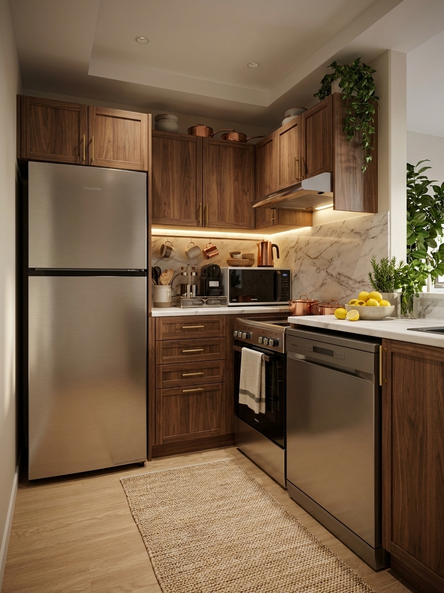 A modern and cozy kitchen featuring dark wood cabinetry, white marble backsplash, and warm LED lighting