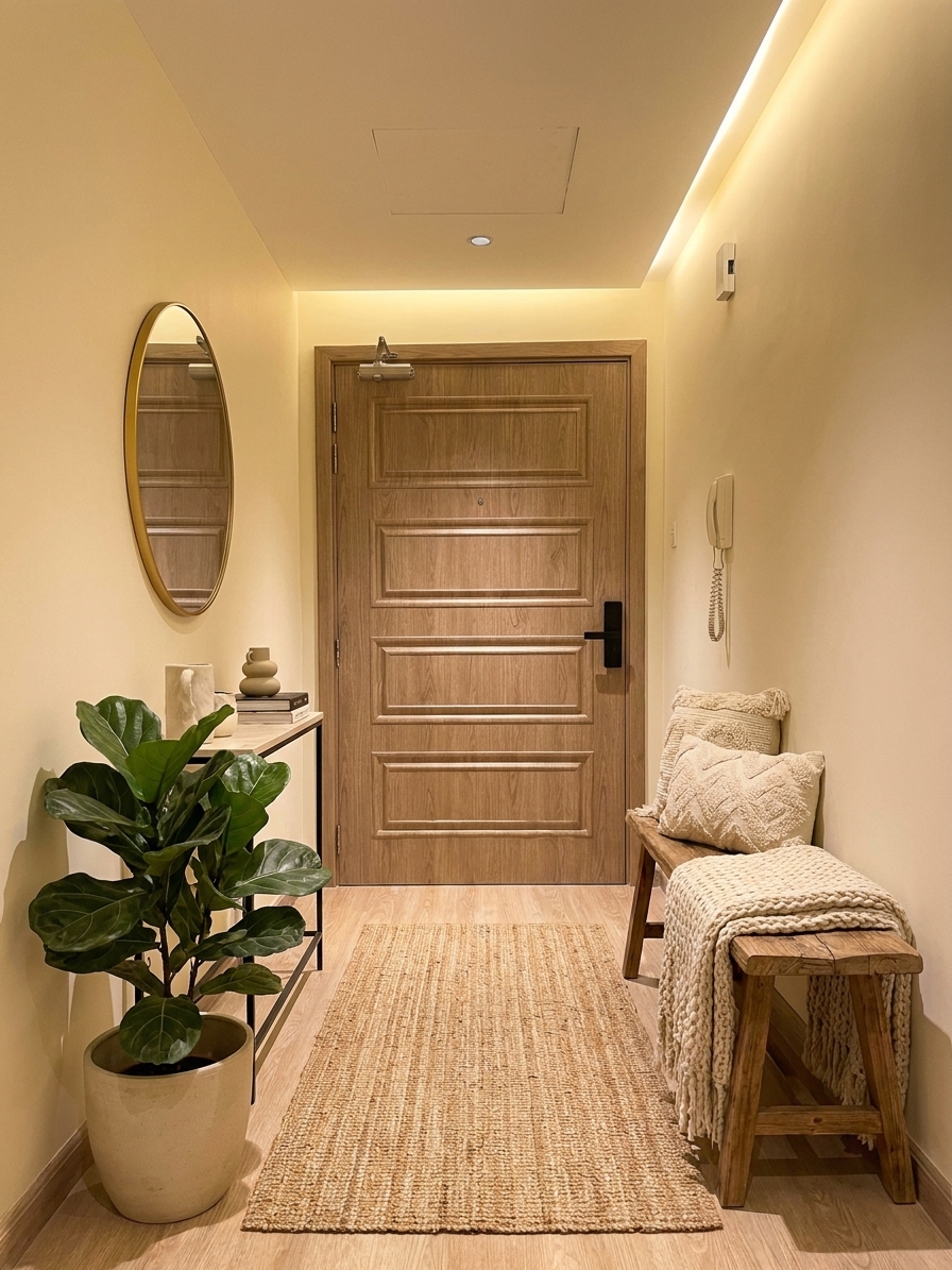 A warm and inviting modern minimalist hallway featuring wooden entrance door and natural jute rug