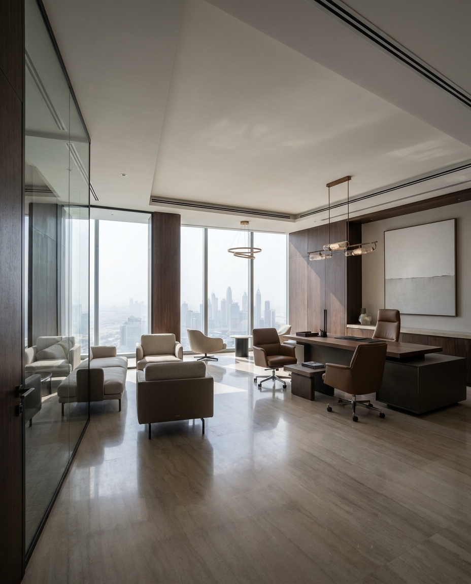 Monde-built executive office suite in Dubai — finished corporate interior with skyline view