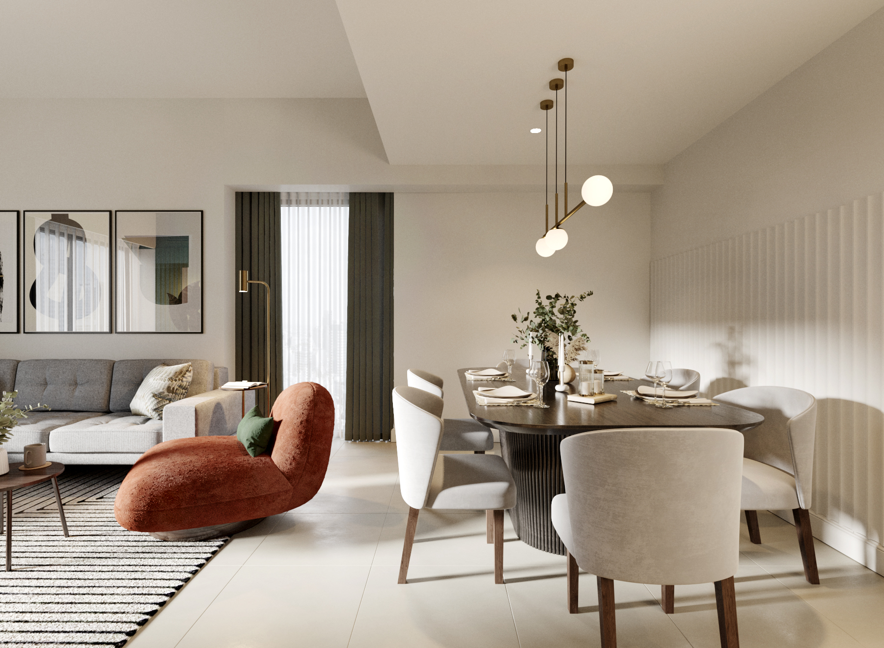Sophisticated open-plan living and dining area with grey sectional sofa