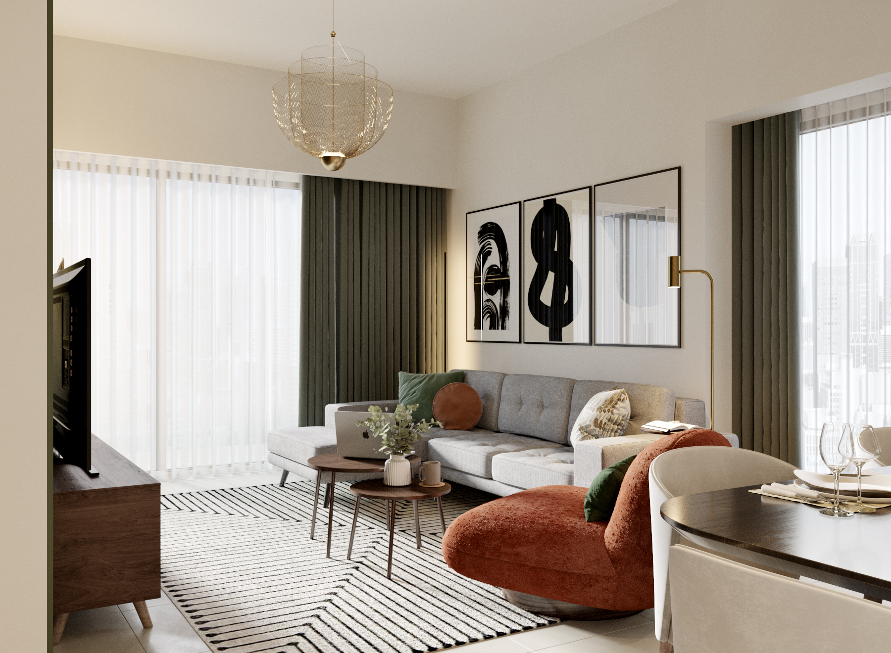 A modern and inviting living room and dining area featuring a grey sectional sofa, an orange accent chair, dark wood furniture, and gold accents