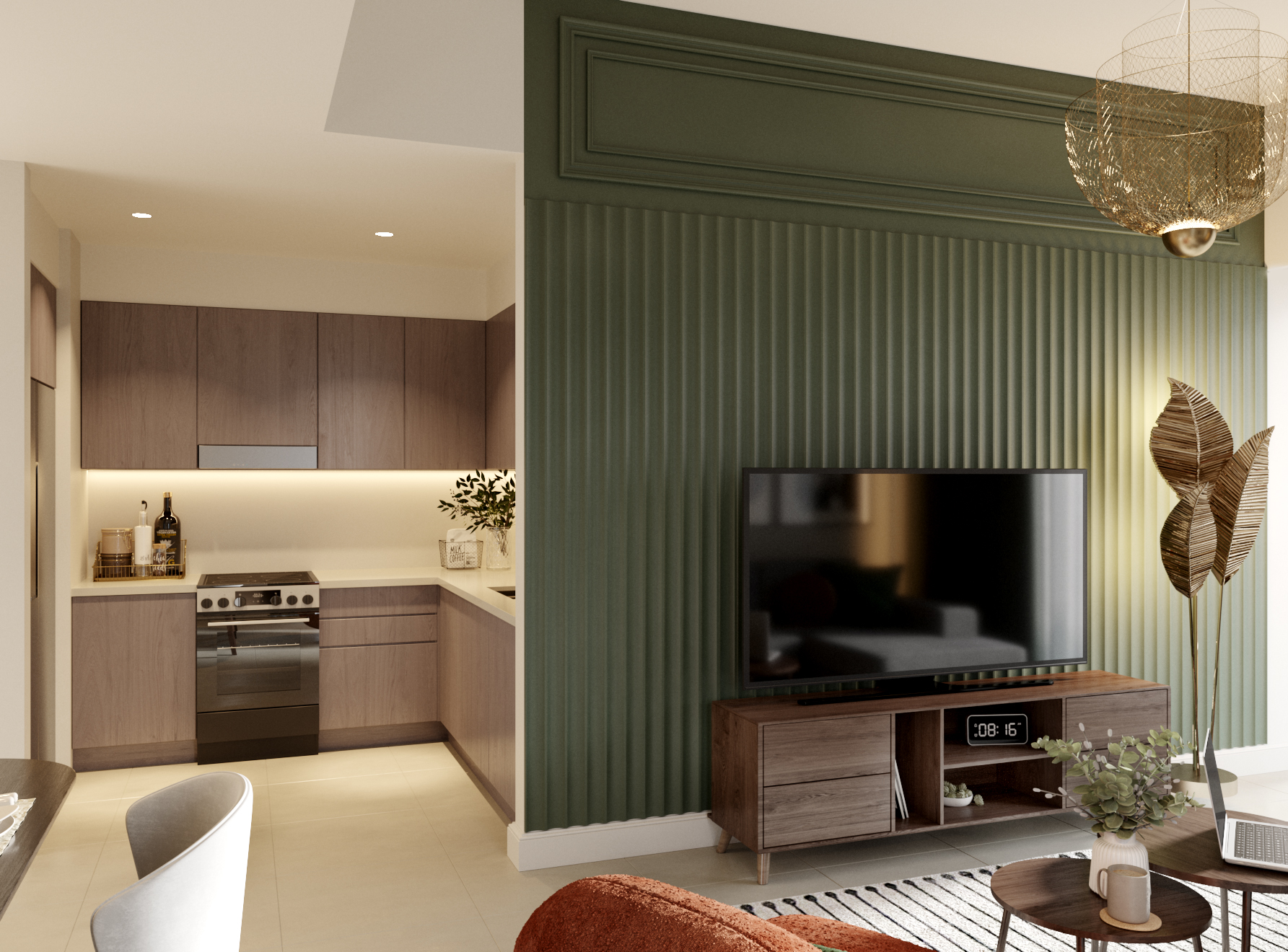 Renovated open-plan living and kitchen space with dark green accent wall