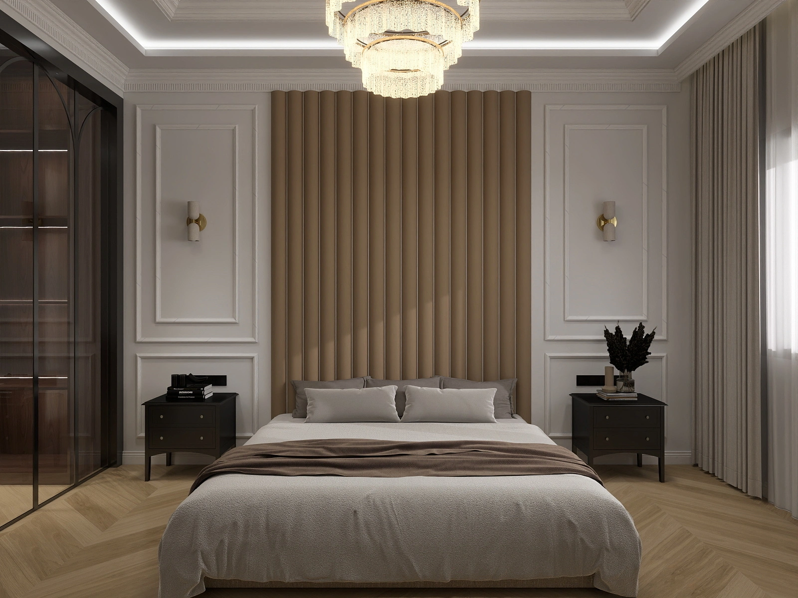 Luxury bedroom with fluted upholstered headboard and chandelier