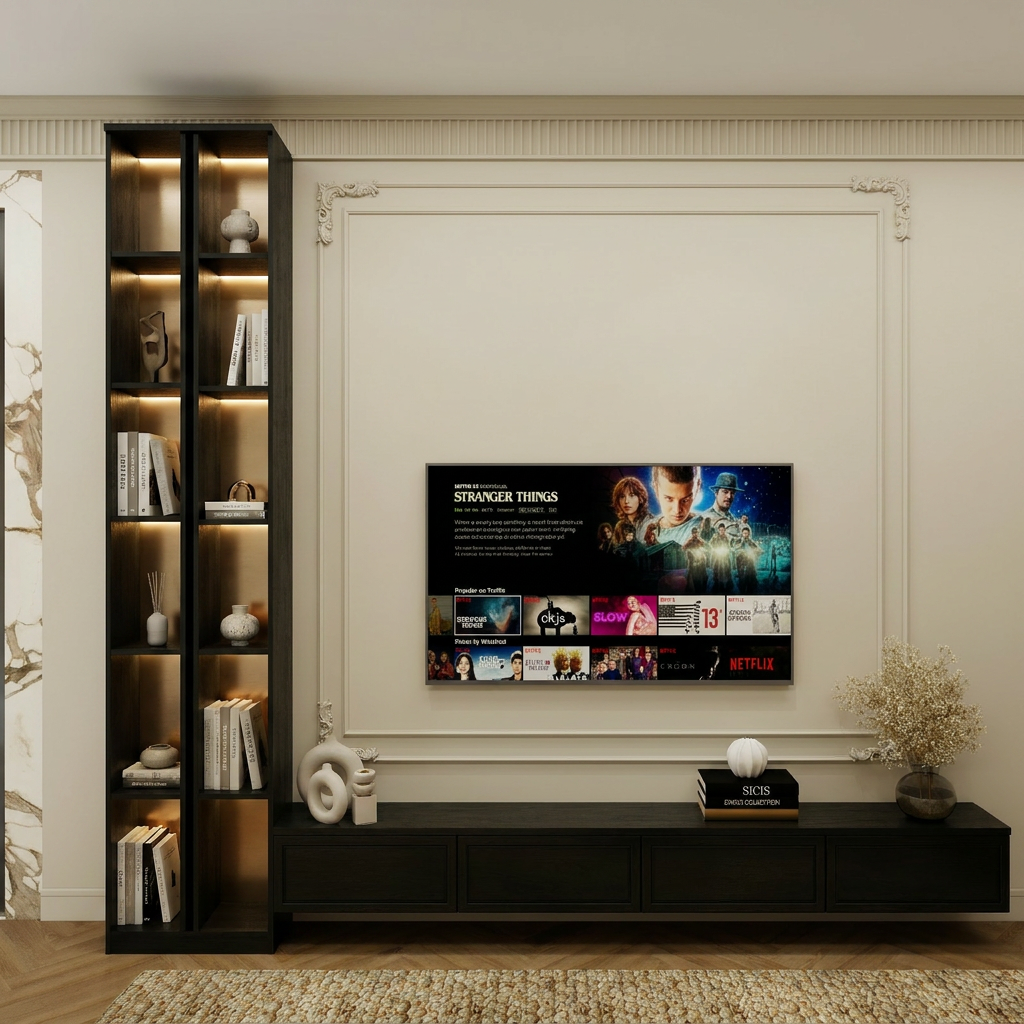 Sophisticated living room with dark wood media console and built-in bookshelf