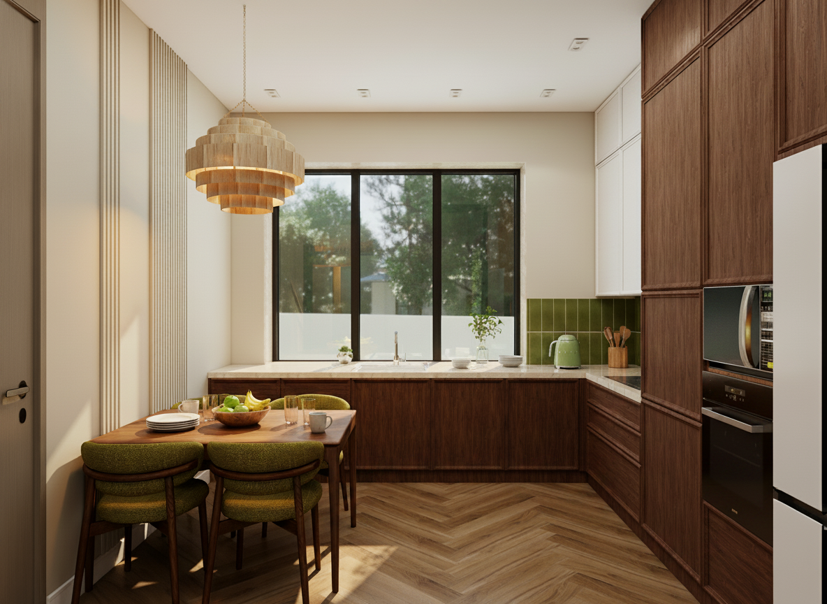 Modern kitchen with dark wood cabinetry and green subway tile backsplash