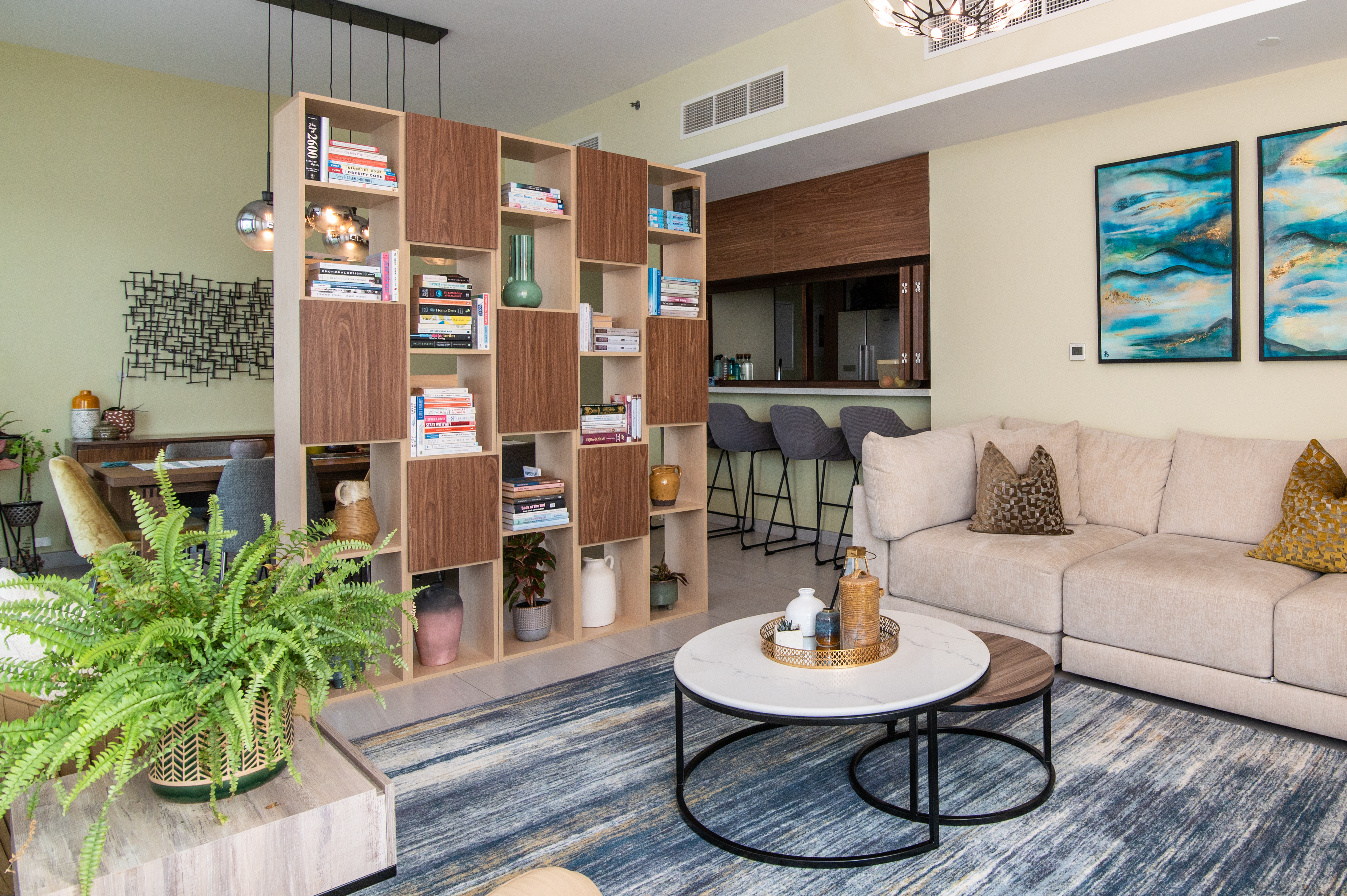 Bespoke walnut built-in bookshelf room divider