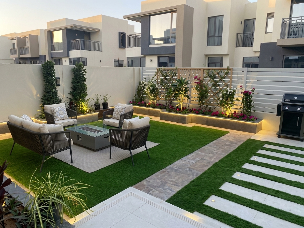 Finished family backyard: artificial grass, gas fire pit, rattan lounge, raised planters with bougainvillea and integrated LED strip lighting