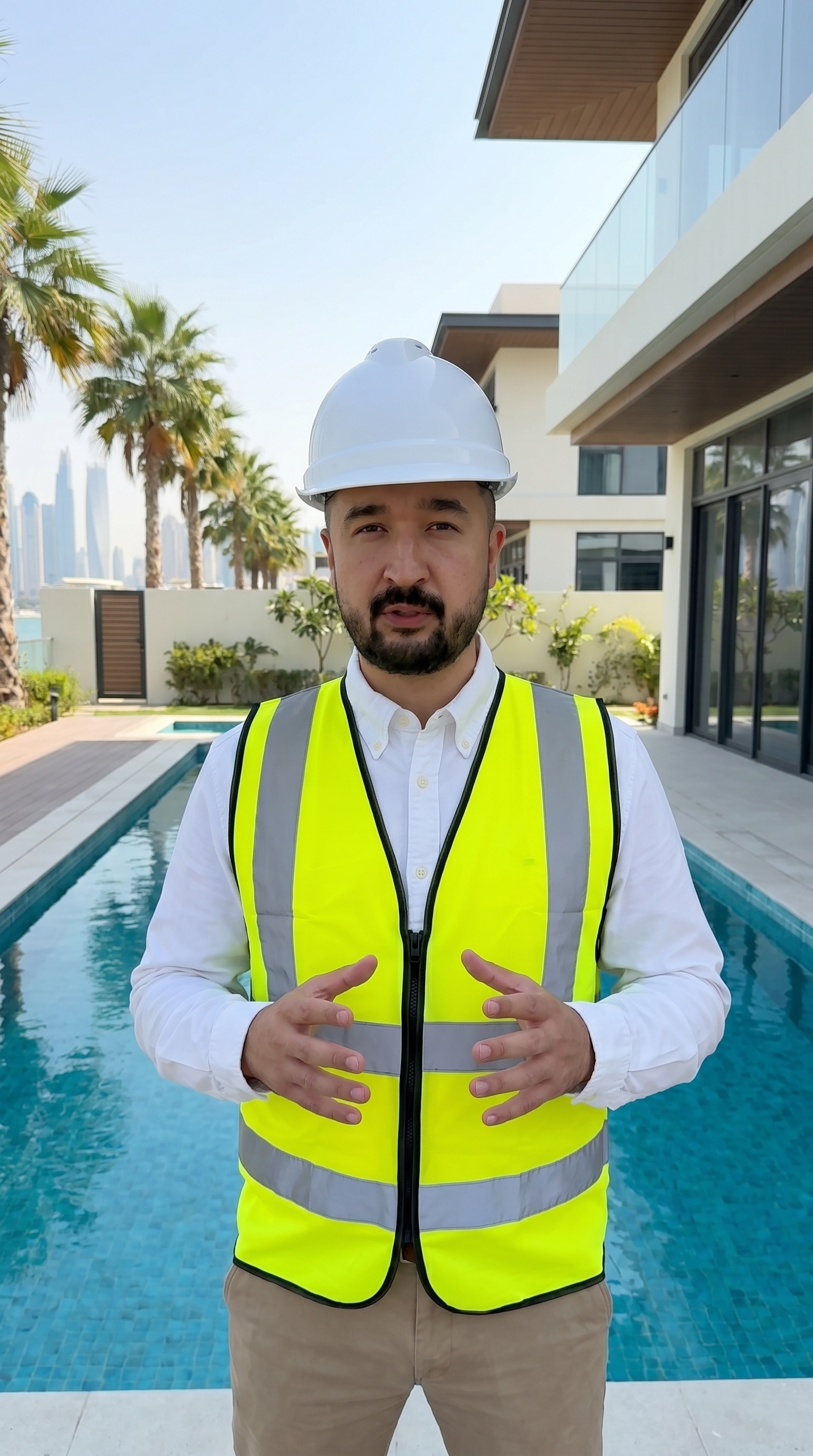 A professional in a white hard hat and neon yellow safety vest stands confidently by a sparkling blue swimming pool, wit