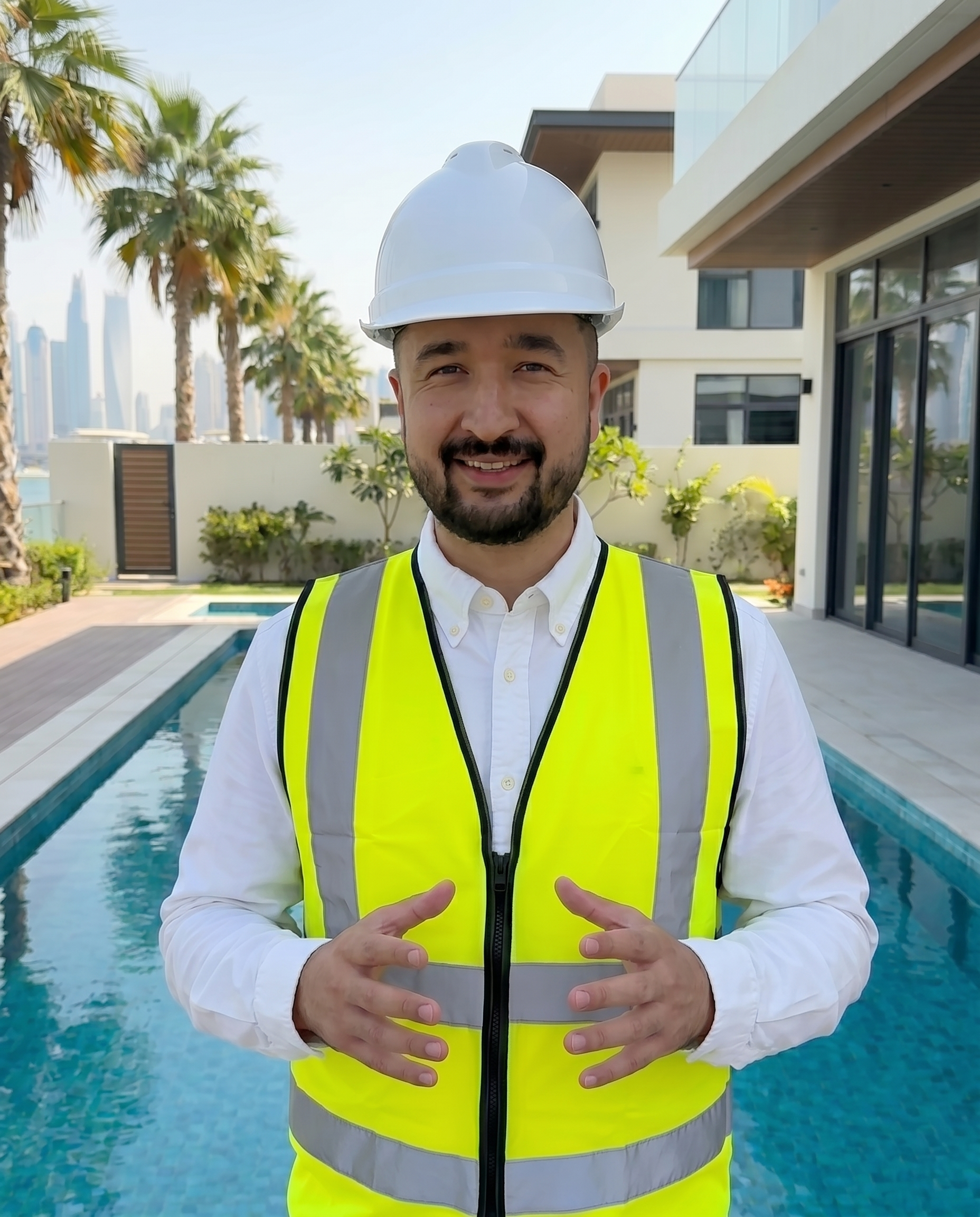 A smiling male construction professional wearing a white hard hat and a high-visibility vest stands confidently in front