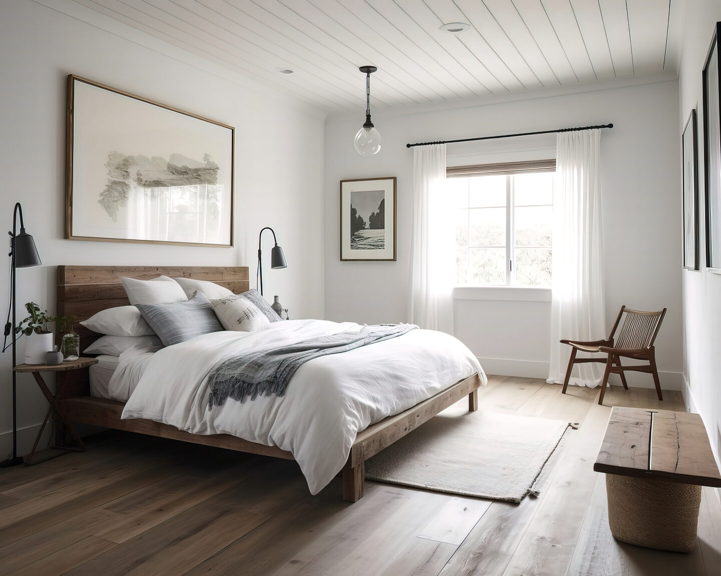 Bedroom with upholstered headboard and built-in joinery