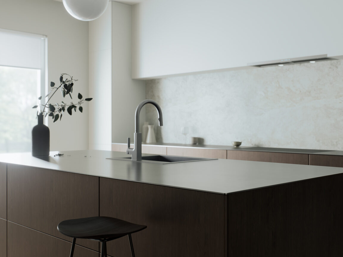 Minimalist marble waterfall counter and finishes