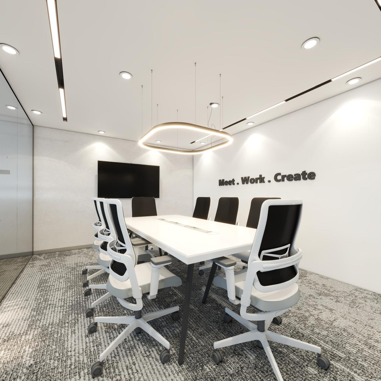 Modern corporate meeting room with white conference table and ergonomic chairs