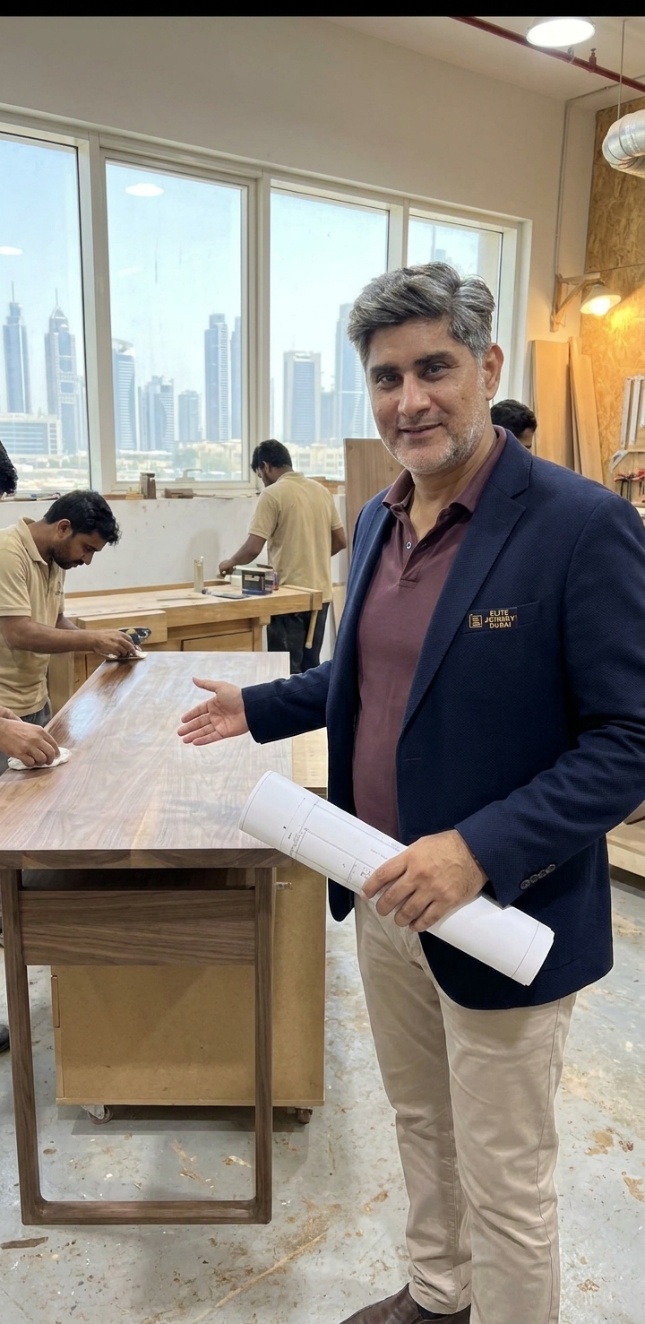 Founder holding blueprints in joinery workshop with Dubai skyline