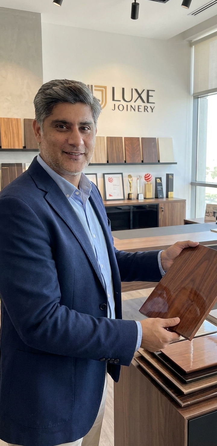 Professional in suit displaying premium joinery wood sample in showroom