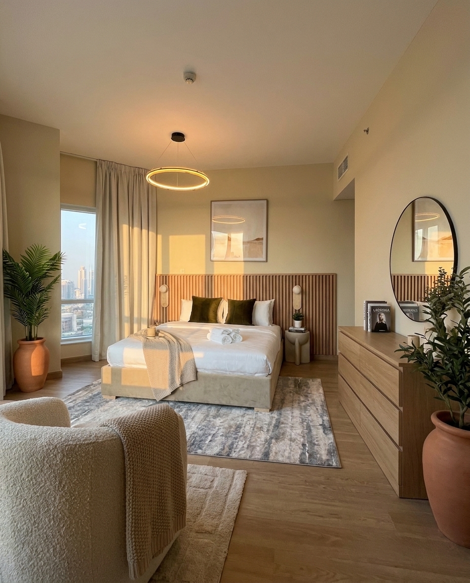 Modern bedroom with warm golden hour light and slatted wooden headboard