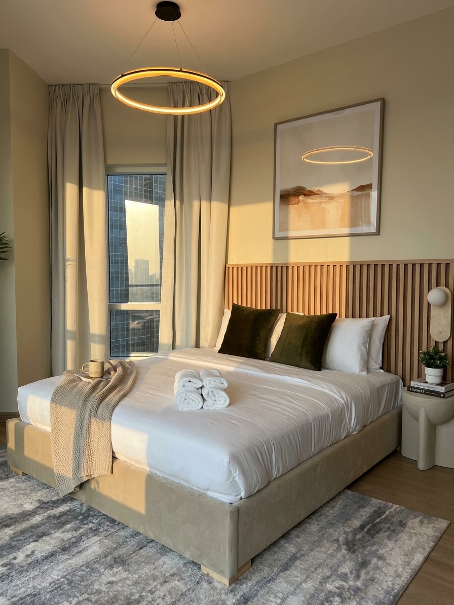 This inviting modern bedroom features a plush bed with dark green accents, a striking wooden slatted headboard, and a co