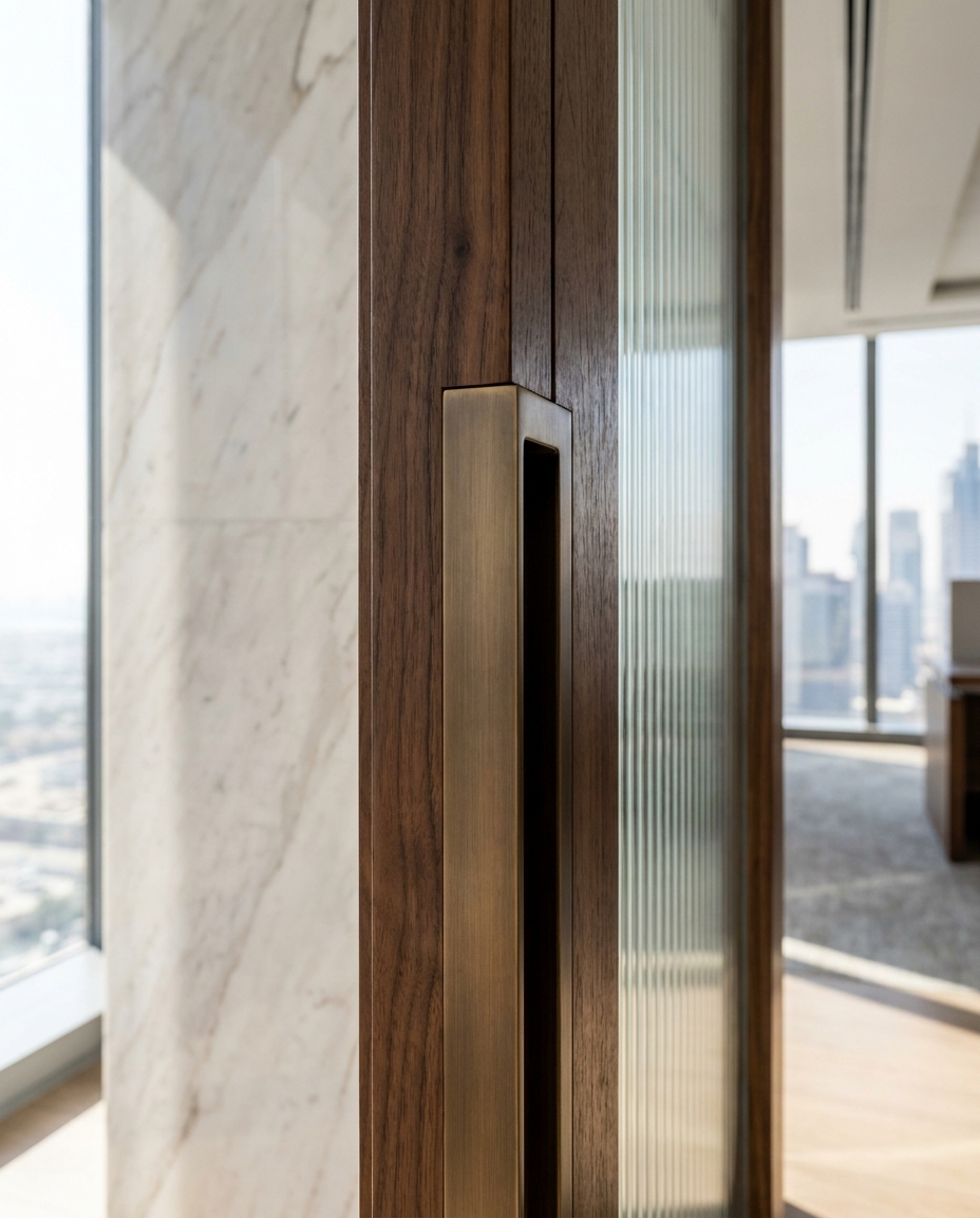 Brass door handle detail with fluted glass and marble wall