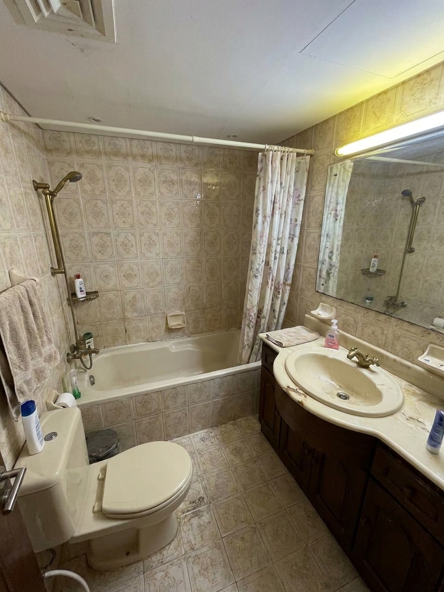 Before: dated, worn-out apartment bathroom