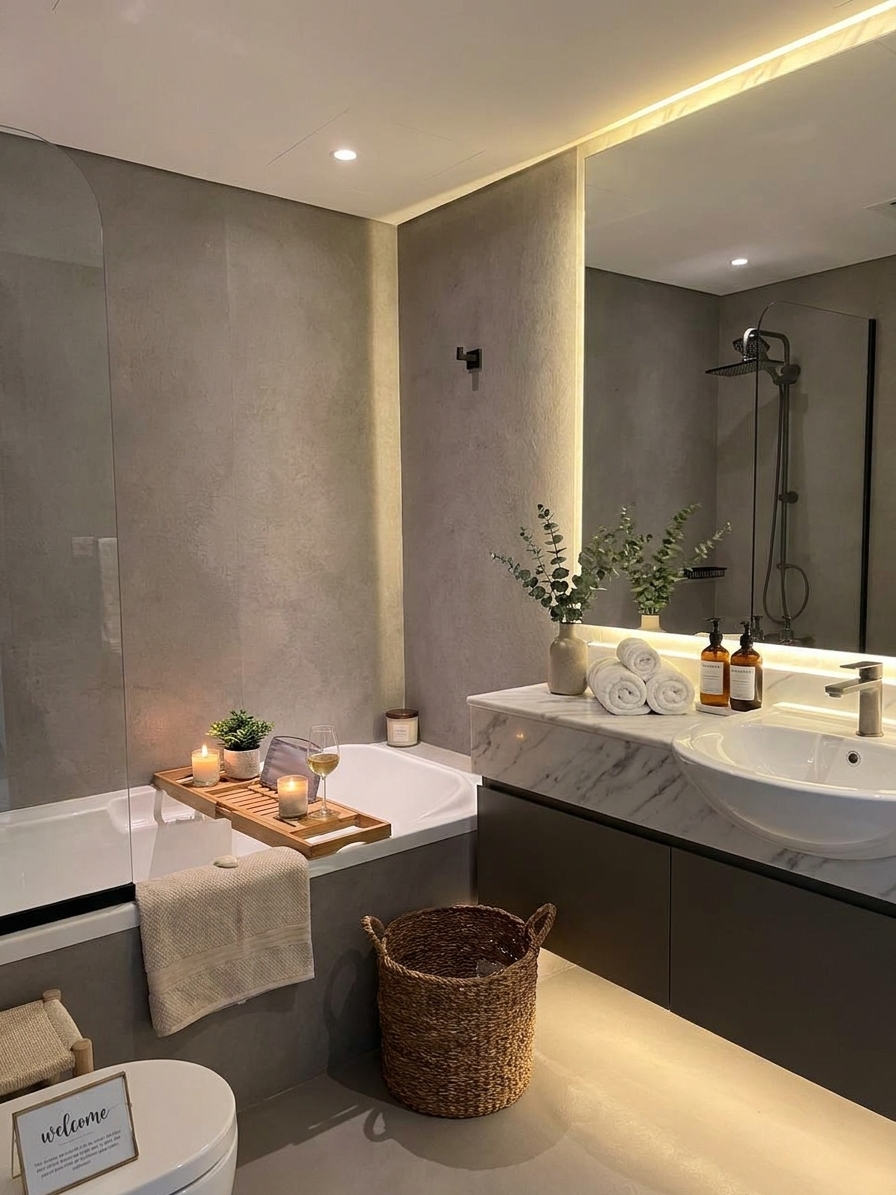 This inviting modern bathroom features a freestanding bathtub with a wooden bath caddy adorned with lit candles, a plant