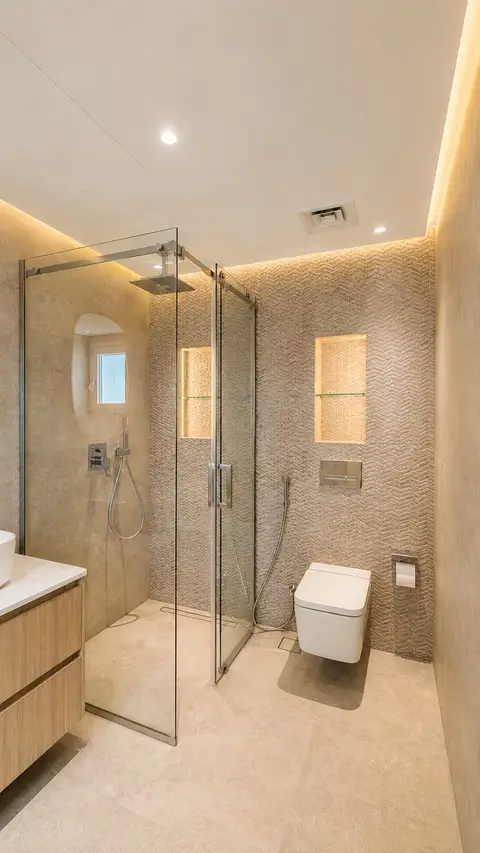 A meticulously designed modern bathroom showcases a warm beige palette — Just Right Interior Decoration LLC, Dubai Marina