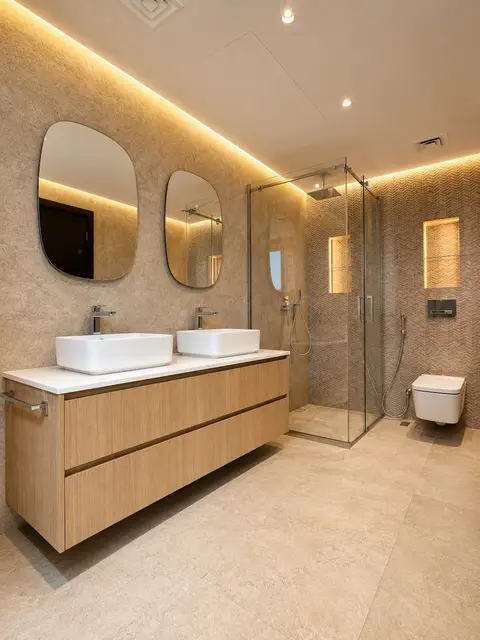 A modern and serene bathroom featuring a floating light wood double — Just Right Interior Decoration LLC, Dubai Marina