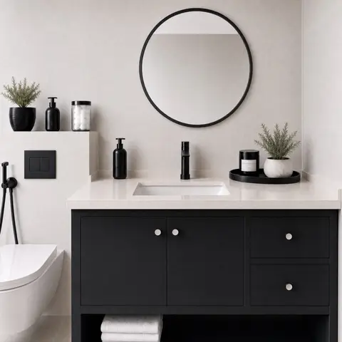 This meticulously styled modern bathroom features a sleek black vanity with an integrated white sink, complemented by matte black fixtures a