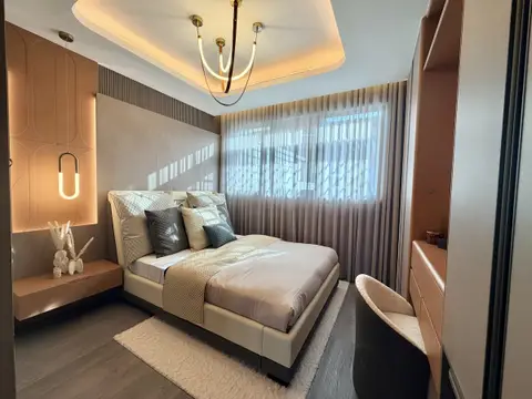 Upholstered king-size bed, floating bedside table, fluted and decorative wall paneling, and — MODENZO INTERIORS L.L.C