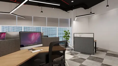 Modern open-plan office fit-out with light wood desks, grey fabric partitions — INTERIOXPERT TECHNICAL SERVICES CO. L.L.C