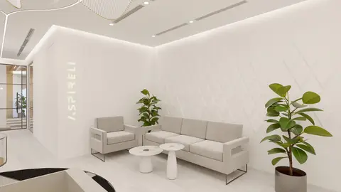 Light-colored upholstered seating, minimalist marble coffee tables, and a — INTERIOXPERT TECHNICAL SERVICES CO. L.L.C