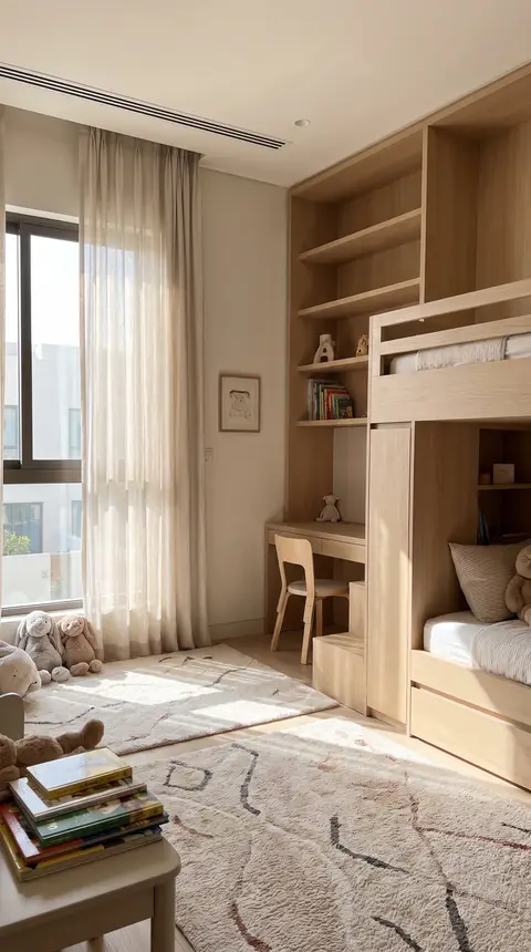 Sun-drenched modern child's bedroom with integrated bunk bed desk