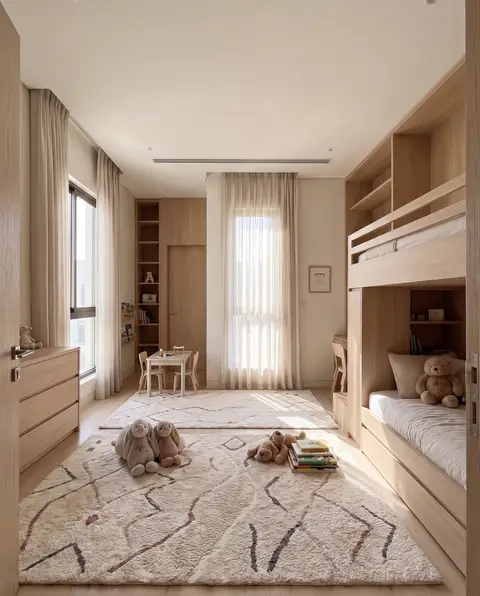 Bright kids bedroom with light oak bunk bed and play area