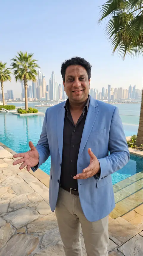 An infinity pool with a stone patio and lush palm trees frames the Dubai Marina — NOOR AL SUNDUS CONTRACTING L.L.C, Dubai