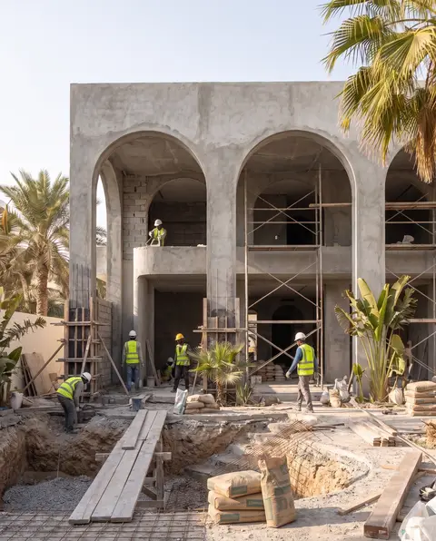 A multi-story building with an arched concrete facade is under construction — NOOR AL SUNDUS CONTRACTING L.L.C, Dubai