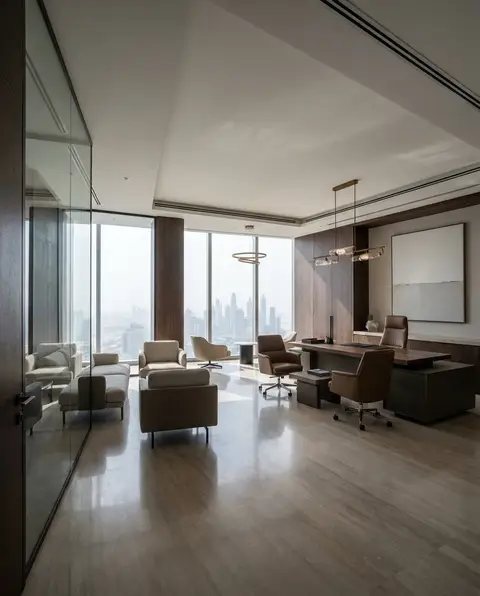 A luxurious and expansive executive office features a large wooden desk with brown leather chairs, multiple lounge seati
