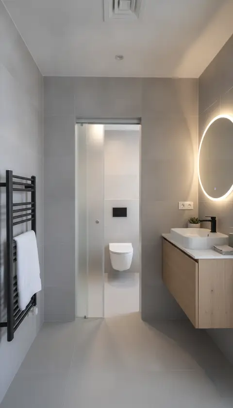 This freshly renovated modern bathroom showcases a minimalist aesthetic with large format grey porcelain tiles, a — Monde