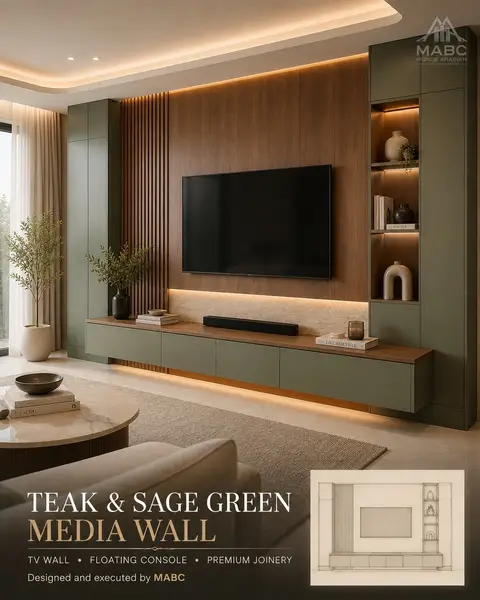 A modern living room features a sophisticated teak and sage green media wall with a large television, a floating — Monde