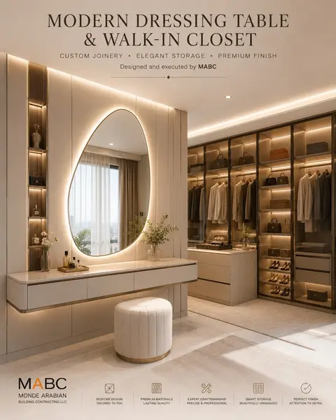 This luxurious and modern dressing room features a floating white marble dressing table with an illuminated — Monde